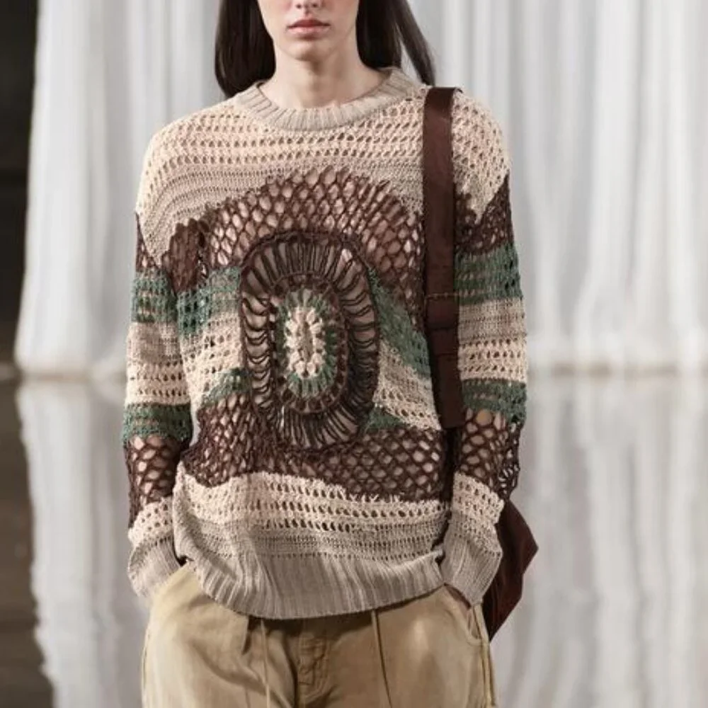 NWT BEIGE GREEN MULTICOLOR BEADED CROCHET OVERSIZED KNIT SWEATER LIMITED EDITION - Picture 3 of 10